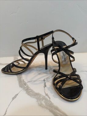 Jimmy Choo Black Patent Strappy High Heel Sandals with Gold Trim